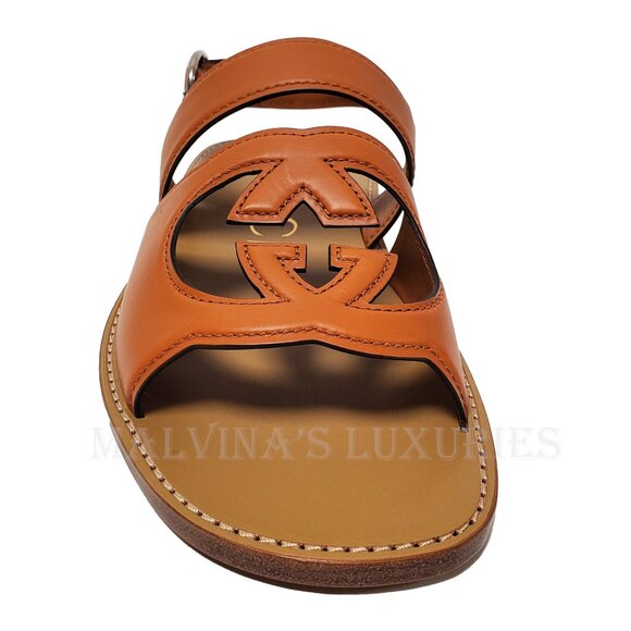 GUCCI SHOES MENS BROWN LEATHER CUTOUT INTERLOCKING G LOGO SANDALS sz 8 / 8.5 - Picture 9 of 16